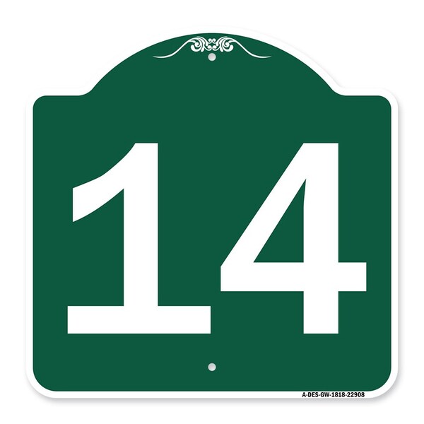 Designer Series Sign-Sign W/ Number 14, Green & White Aluminum Sign, 18" x 18", GW-1818-22908
